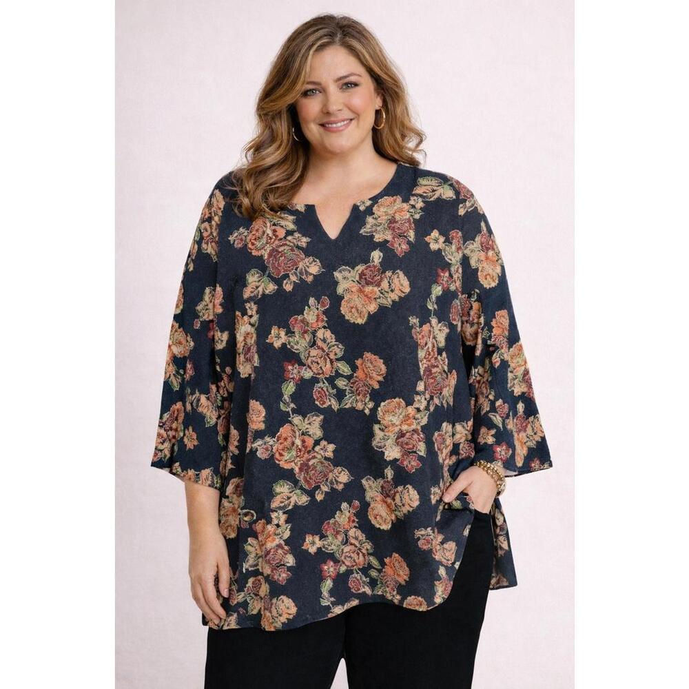 Maggie Barnes Women’s Black Rose Green Gold Boho Tunic Top, 3X